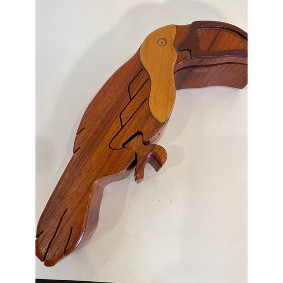 Hand Crafted Intarsia Wood Art Parrot Puzzle Wooden Box /2 Secret Compartments - Picture 3 of 8